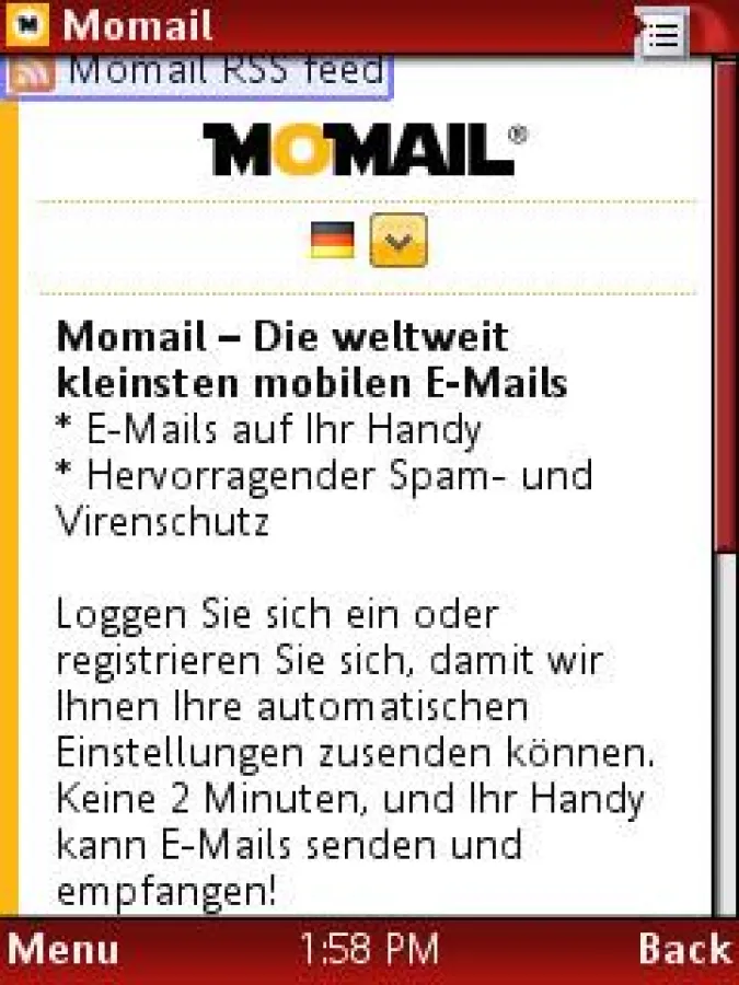 Screenbeispiel Handy-Display beim Momail Setup