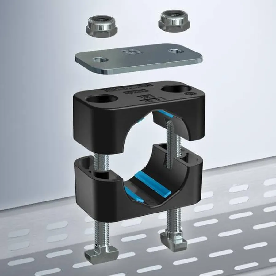 Korrosionshemmende ACT-Schellen von Stauff können mit Hammerkopfschrauben HKS auf Kabelträgern und -