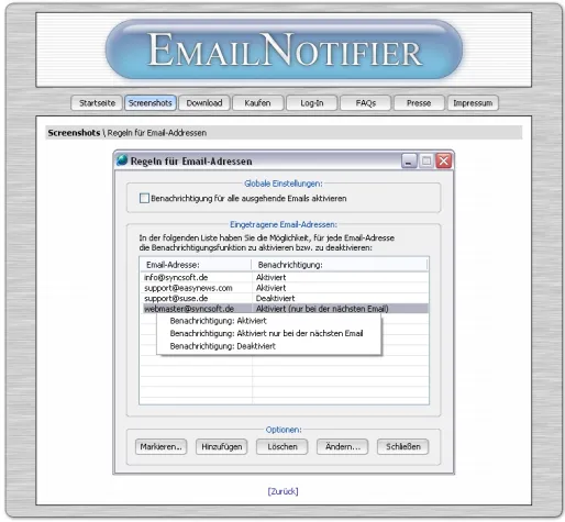 Bild: EmailNotifier 1.7: E-Mails als Einschreiben mit Rückschein versenden