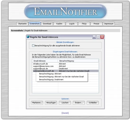 Bild: EmailNotifier 1.7: E-Mails als Einschreiben mit Rückschein versenden