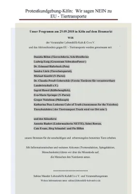 Großkundgebung am 29.09.2018 in Köln: WIR SAGEN NEIN ZU EU - TIERTRANSPORTEN ! Bild: Großkundgebung am 29.09.2018 in Köln: WIR SAGEN NEIN ZU EU - TIERTRANSPORTEN !