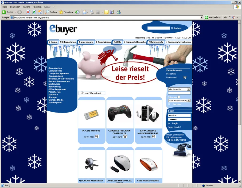 Der Eingangsbereich des neuen e-Shops der Schweizer Byte-Line AG wie ihn Zeitwerk eingerichtet hat.