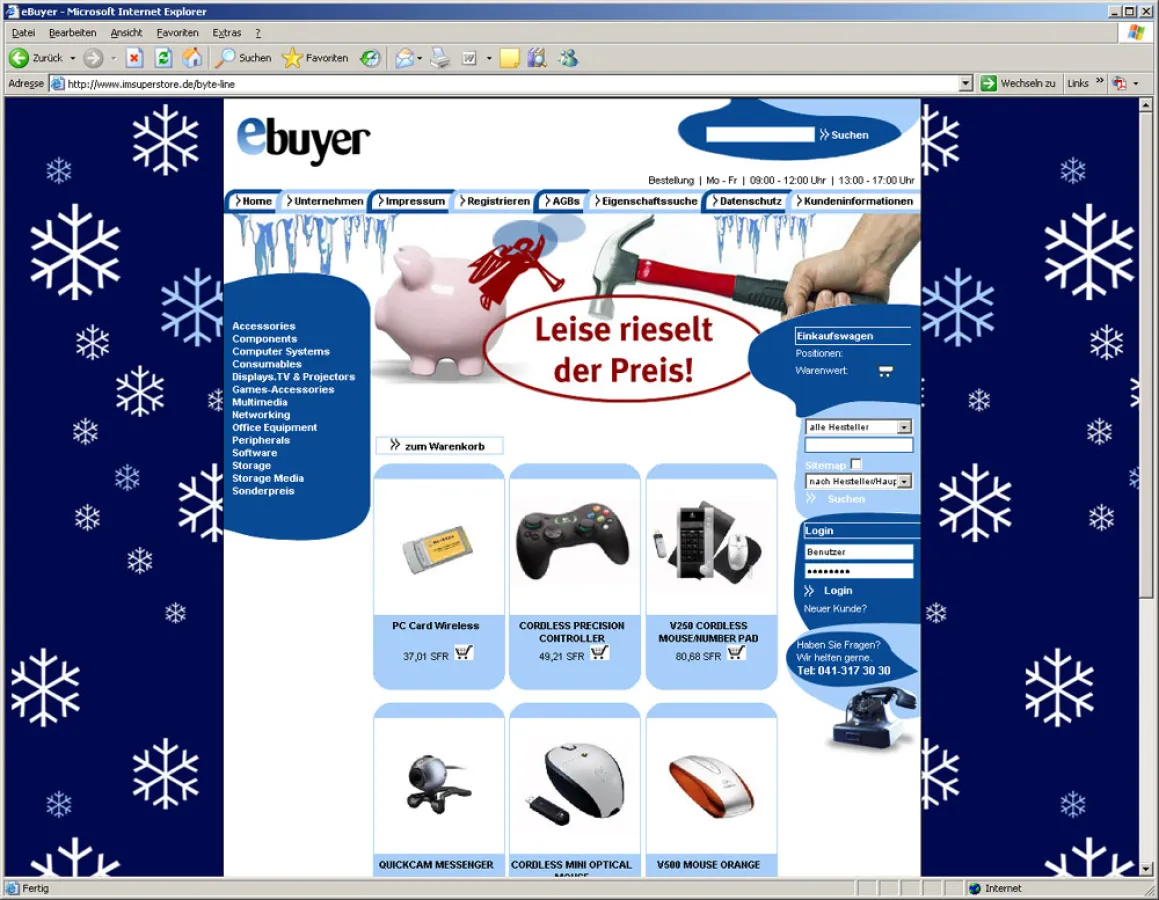 Der Eingangsbereich des neuen e-Shops der Schweizer Byte-Line AG wie ihn Zeitwerk eingerichtet hat.