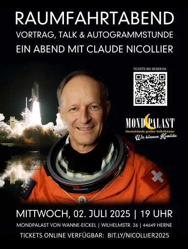 Raumfahrtabend 2. Juli 2025 mit Claude Nicollier in Wanne-Eickel Bild: Raumfahrtabend 2. Juli 2025 mit Claude Nicollier in Wanne-Eickel