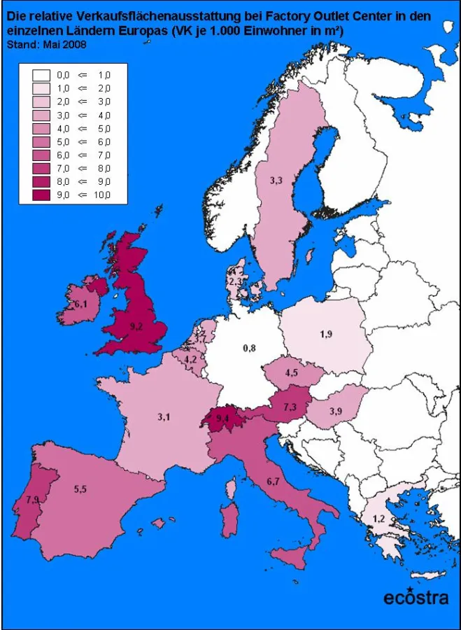 Die FOC-Verkaufsfläche in m² pro 1.000 Einwohner in den europäischen Ländern im Vergleich