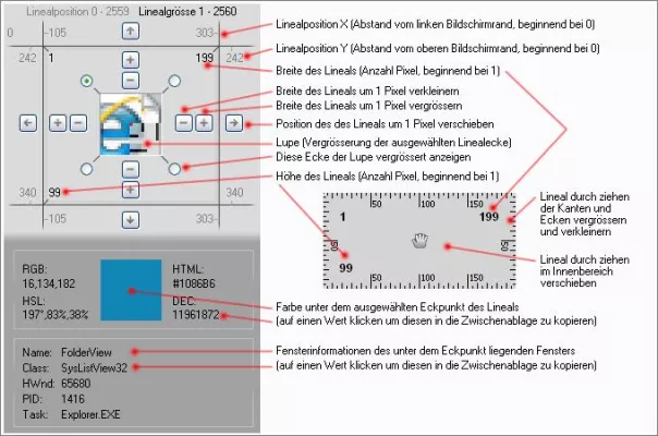 Bild: Hilfreiches Bildschirmlineal für gleichzeitiges Messen in 2 Dimensionen