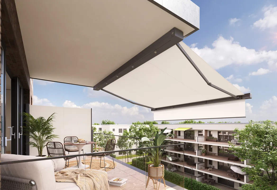 Auch für kleine Balkone und Dachterrassen gibt es viele schöne Beschattungsoptionen von markilux. (© markilux)