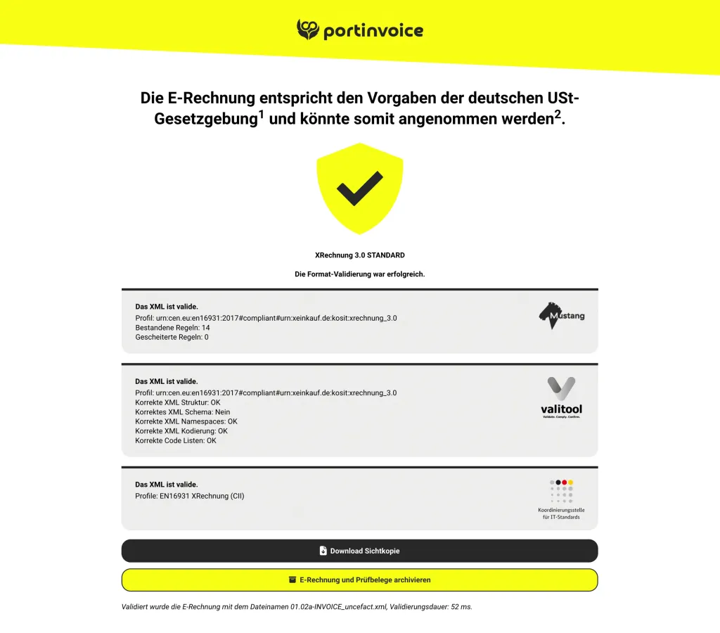 portinvoice.com - Ergebnisansicht der Validierung einer XRechnung (© OXSEED logistics GmbH)