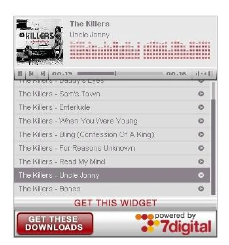 Das 7digital-Widget, hier am Beispiel der populären Alternative-Band The Killers