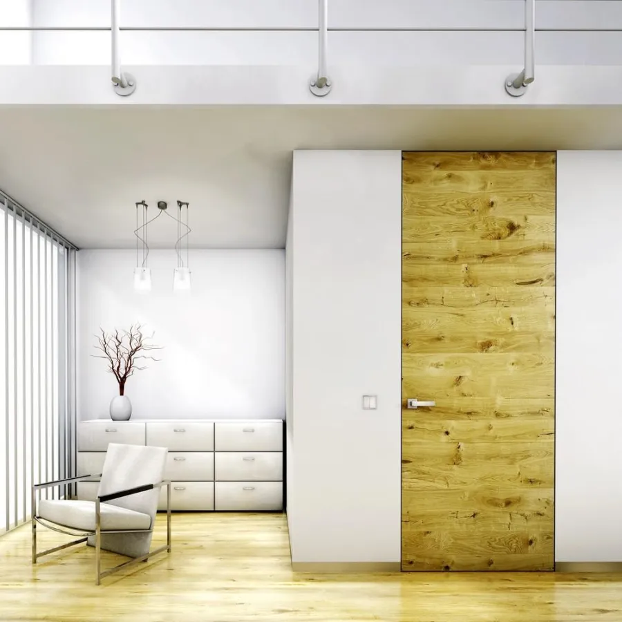 Edles Holz in modernster Architektur von ComTür. Zarge FLAT-VD raumhoch mit Türblatt Eiche horizontal antikmatt gebeizt.