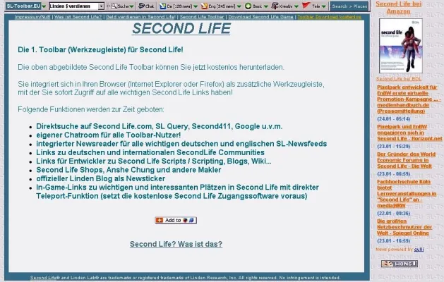 Premiere: Erste Second Life Toolbar für Firefox und Internet Explorer von sl-toolbar.eu Bild: Premiere: Erste Second Life Toolbar für Firefox und Internet Explorer von sl-toolbar.eu