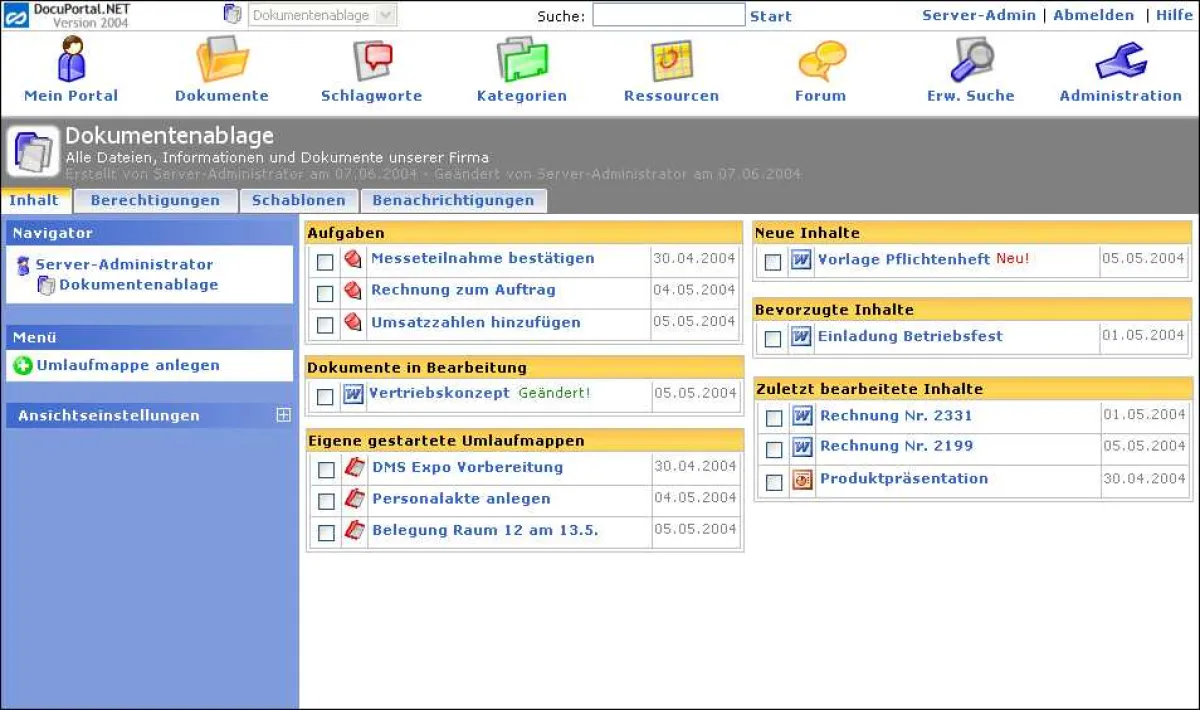Web-basierendes Benutzerinterface von DocuPortal.NET