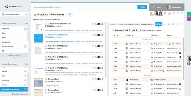 Bild: CenterDevice mit Detail-Ereignis-Ansicht: Protokollfunktion und Audit Log für transparente Zusammenarbeit