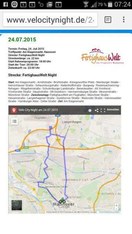 Tourenplan Velo City Night Hannover 24. Juli 2015
