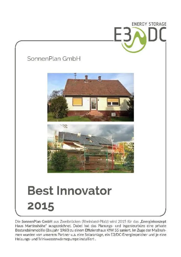 Die SonnenPlan GmbH wurde als Best Innovator 2015 ausgezeichnet.