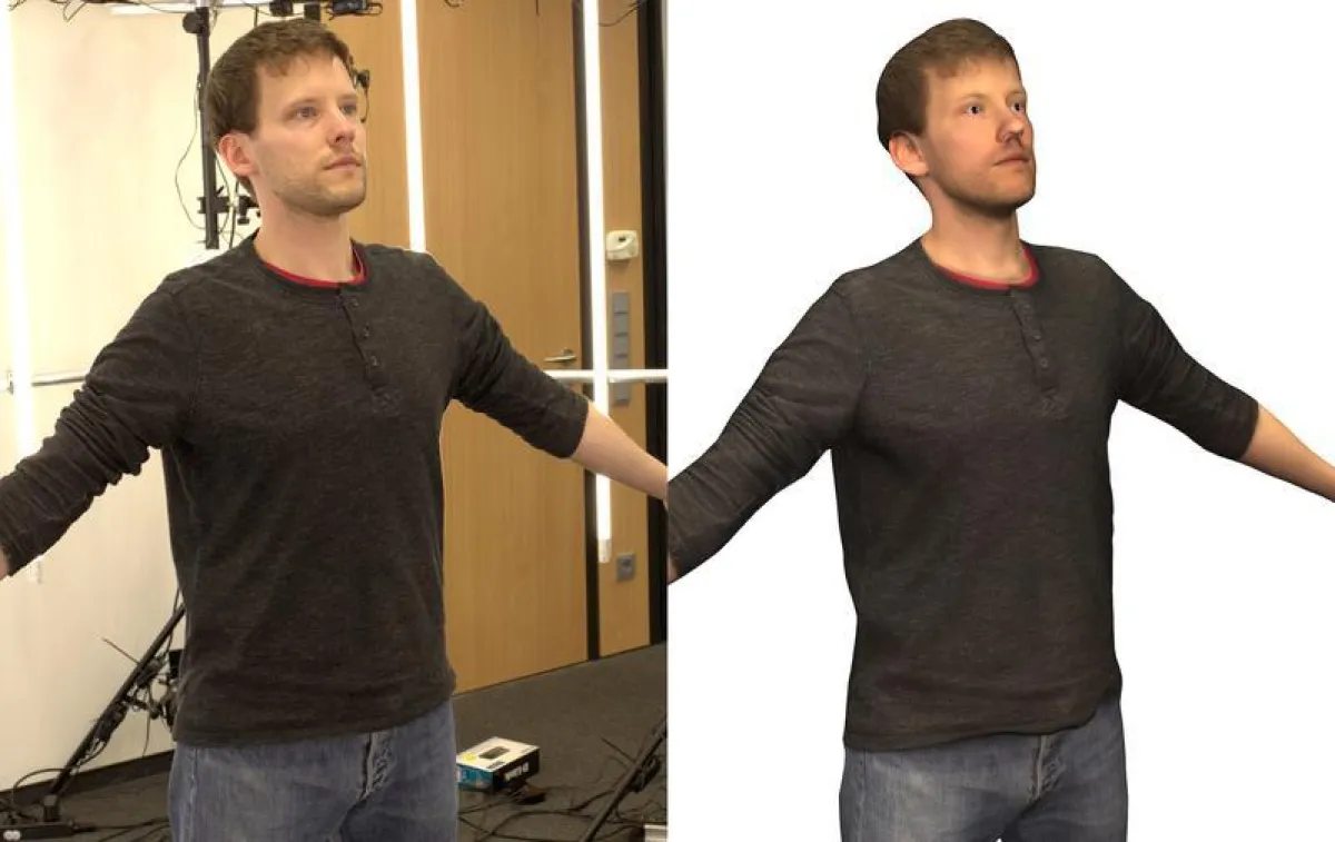 Um das neue Verfahren zu testen, ließ sich der Doktorand Jascha Achenbach gleichzeitig von 40 Kameras fotografieren (li.). Zehn Minuten später war die virtuelle Version des Forschers fertig (re.). (Fo