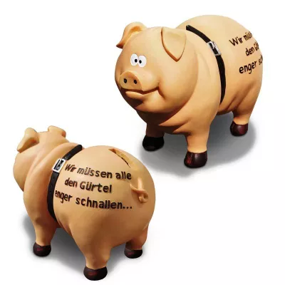 Neues Produkt beim Onlineshop Geschenkbox.de – das Sparschwein "Gürtel enger schnallen" zur Wirtschaftskrise Bild: Neues Produkt beim Onlineshop Geschenkbox.de – das Sparschwein "Gürtel enger schnallen" zur Wirtschaftskrise