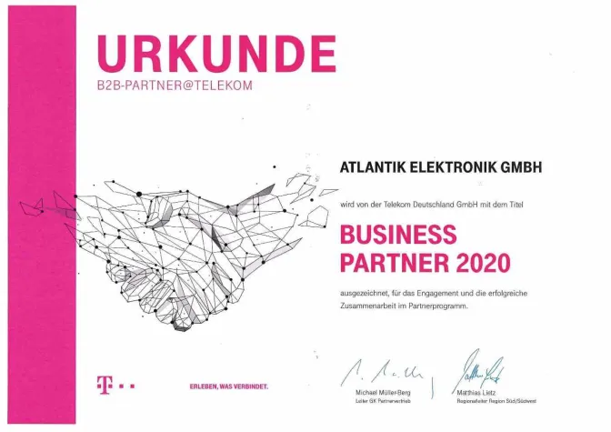 Atlantik Elektronik als Telekom Business Partner 2020 ausgezeichnet Bild: Atlantik Elektronik als Telekom Business Partner 2020 ausgezeichnet