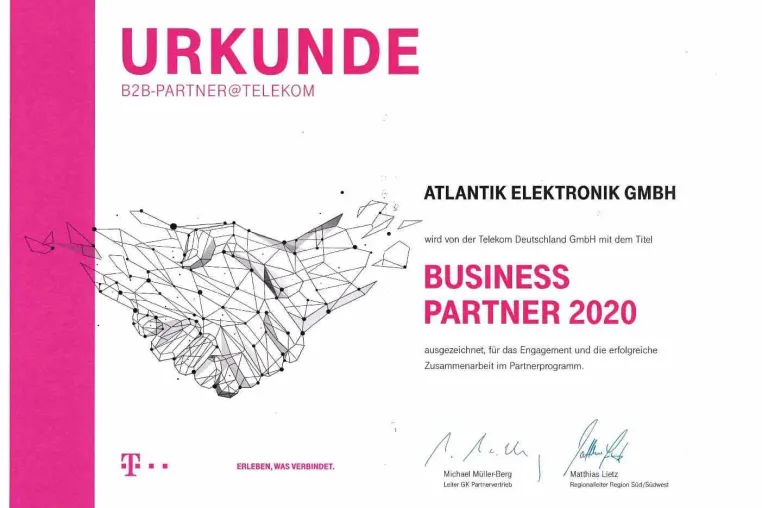 Atlantik Elektronik als Telekom Business Partner 2020 ausgezeichnet Bild: Atlantik Elektronik als Telekom Business Partner 2020 ausgezeichnet