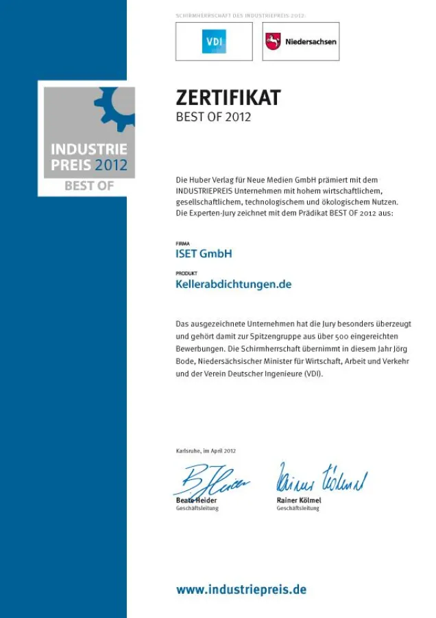 Zertifikat Kellerabdichtungen.de, Best of 2012