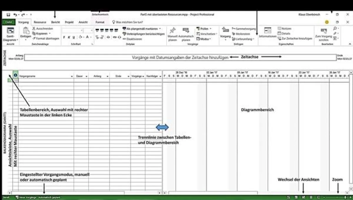 Oberfläche Microsoft Project 2016