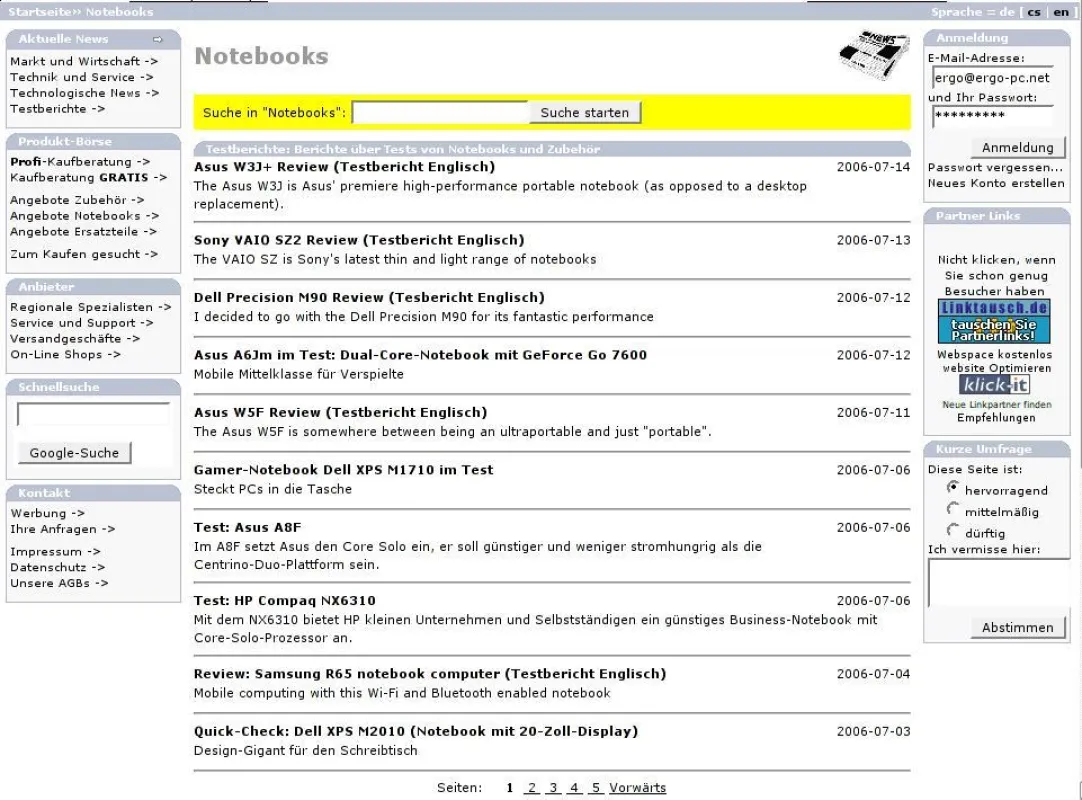 Auflistung und Suche von Testberichten auf http://notebooks.de/portal