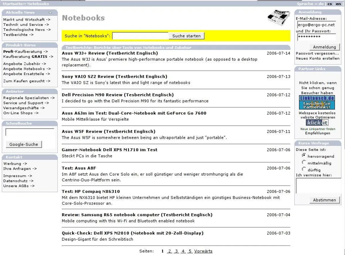 Auflistung und Suche von Testberichten auf http://notebooks.de/portal