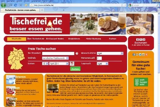 Internetportal Tischefrei.de startet am 01.10.2011: "Essen gehen, selber sparen und andere satt machen." Bild: Internetportal Tischefrei.de startet am 01.10.2011: "Essen gehen, selber sparen und andere satt machen."