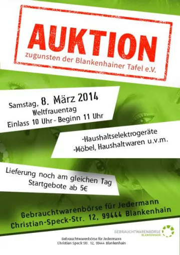 Bild: Große Auktion am 8. März 2014 in der Blankenhainer Gebrauchtwarenbörse für Jedermann.