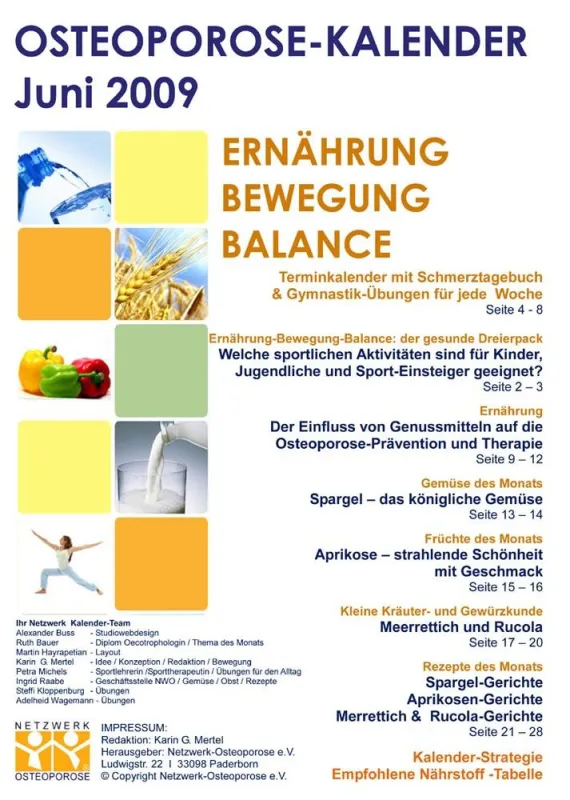 Der Osteoporosekalender Juni 2009, Das Titelblatt mit Inhaltsangabe der Themen