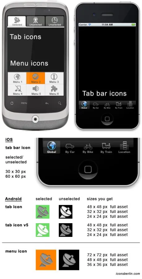 Für App-Entwickler: iOS Tab Bar Icons, Android Tab Icons und Android Menu Icons von iconsBerlin