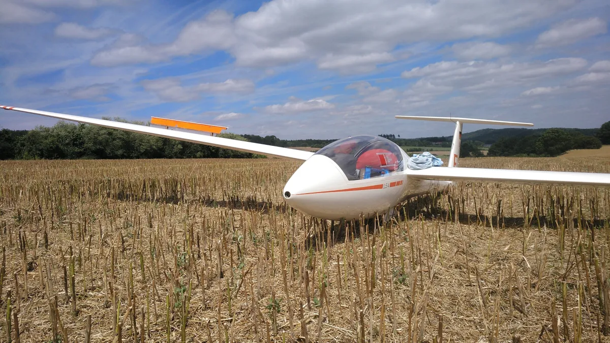 Ungewöhnlich, aber vollkommen ungefährlich: Ein Segelflugzeug auf einem Stoppelfeld. (© Katja Bachmann)