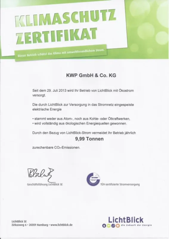 Klimaschutz Zertifikat für KWP Communications