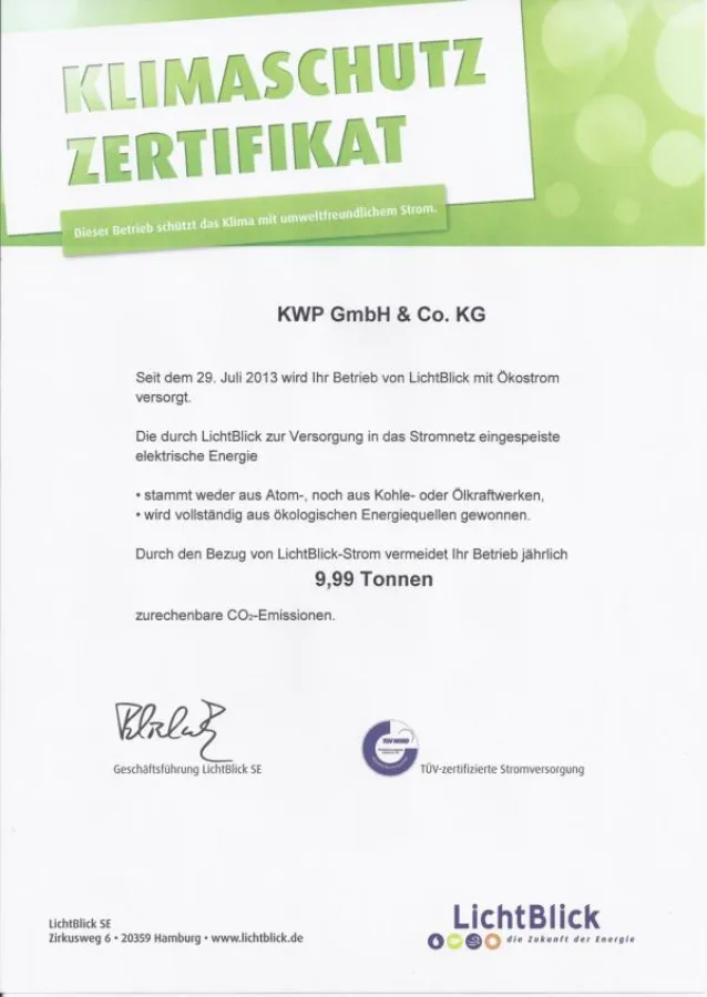 Klimaschutz Zertifikat für KWP Communications