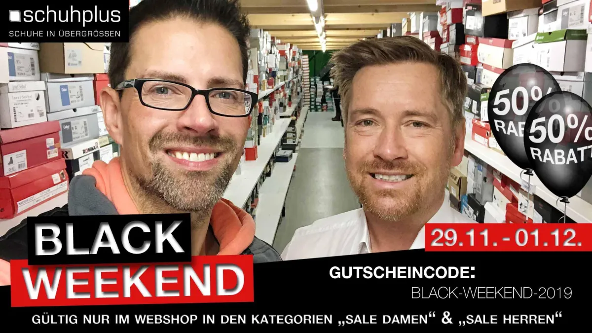 Black Weekend bei schuhplus - 50% auf große Schuhe in SALE Damen sowie SALE Herren