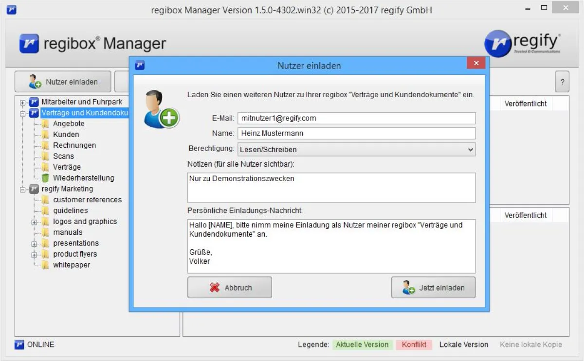 Abbildung des Einladungsprozesses über den regibox Manager