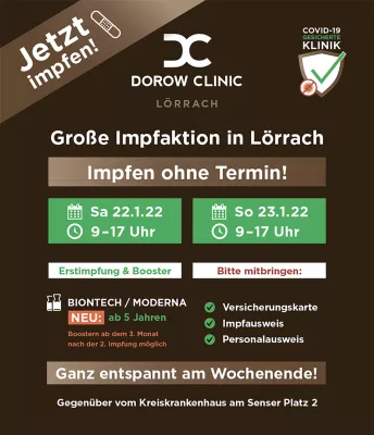 Impfen in der Schönheitsklinik: Spontan ohne Termin am 22./23.01.2022 in der Dorow Clinic in Lörrach Bild: Impfen in der Schönheitsklinik: Spontan ohne Termin am 22./23.01.2022 in der Dorow Clinic in Lörrach
