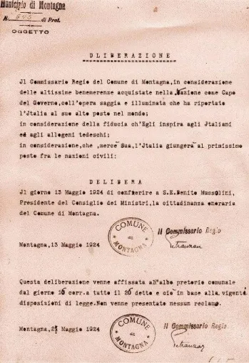 Bild: Benito Mussolinis Ehrenbürgerschaft nach 82 Jahren aberkannt – Einstimmiger Beschluss