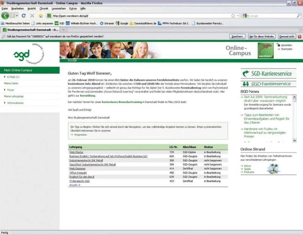 Startseite des Online-Campus waveLearn der Studiengemeinschaft Darmstadt (SGD)