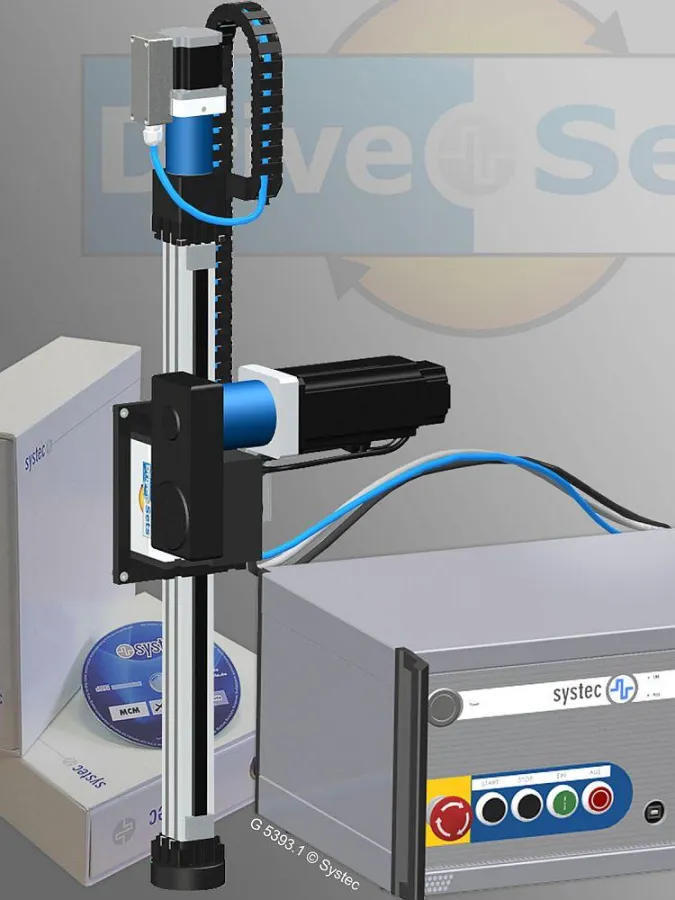 Das DriveSet M139R bietet eine Linearachse mit zusätzlichem Drehmodul und eine kompakte Positioniersteuerung.