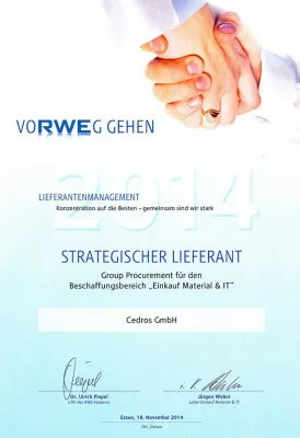 Bild: cedros erhält erneut die Auszeichnung der RWE als Strategischer Lieferant