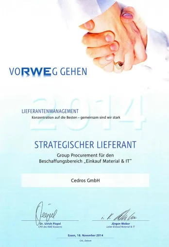 Bild: cedros erhält erneut die Auszeichnung der RWE als Strategischer Lieferant