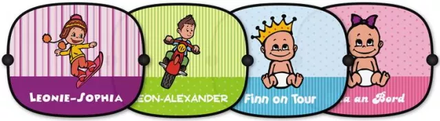 Bild: Personalisierbare Mega-Print Sonnenblende mit bunten Babymotiven von MY-BABY-SHOP.com