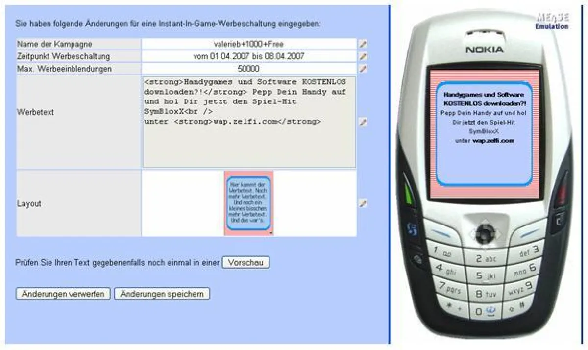 Übersicht behalten: Bevor man die Werbung freischaltet, erhält man einen kompakten Blick auf die Kampagnendaten sowie eine Vorschau auf einem Emulator