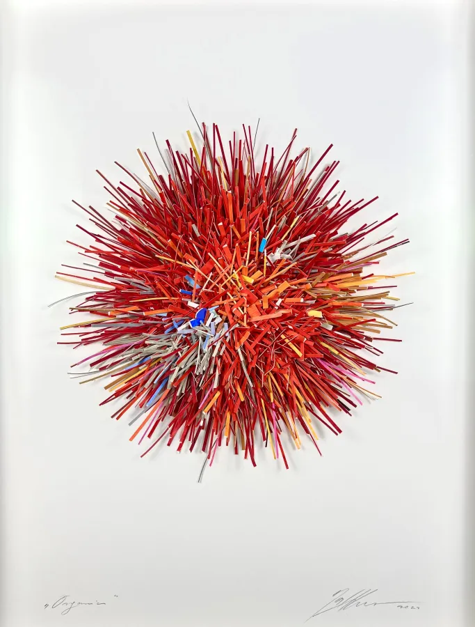 Gabriele Mierzwa, Organics Blau-Grau-Rot, Papierobjekt (© Galerie Tobien)