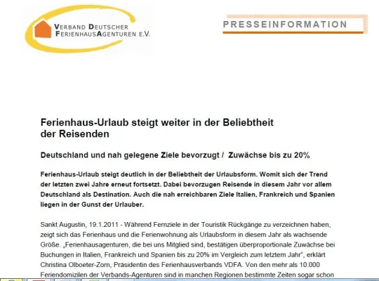 Bild: Ferienhausverband warnt: Unseriöse Anbieter offerieren Ferienhaus-Urlaub per Mail und auf Anzeigen-Portalen