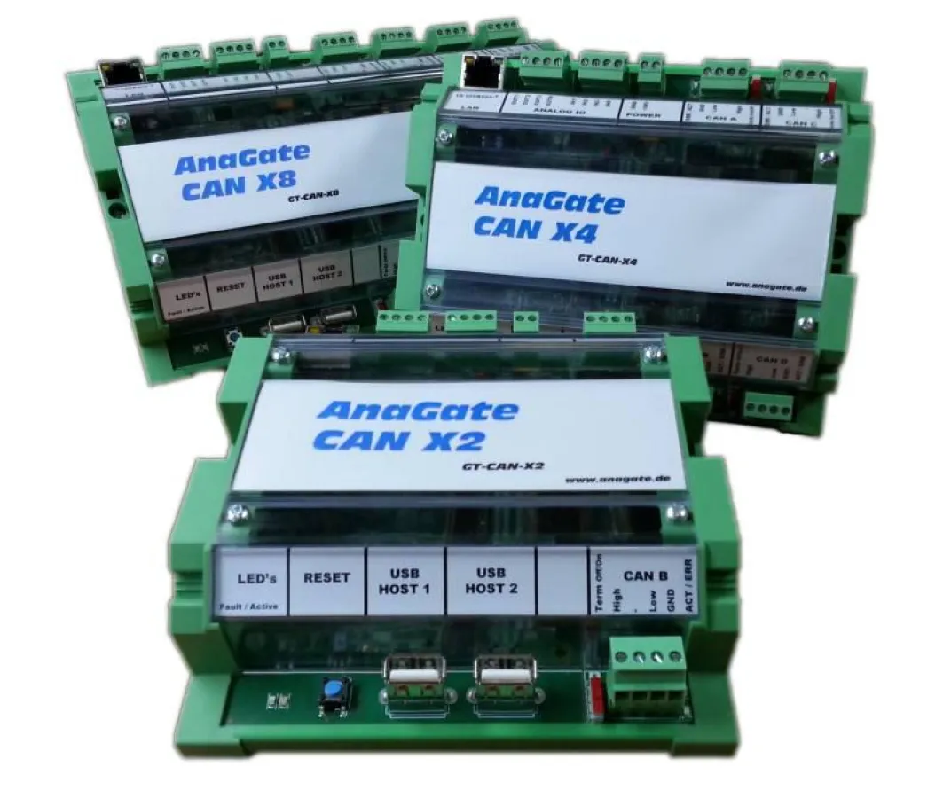 AnaGate CAN X Serie mit 2, 4 bzw. 8 CAN-Bus-Schnittstellen.