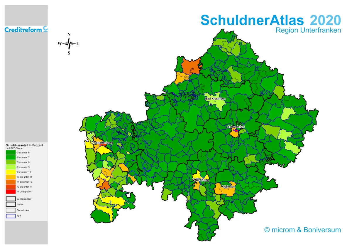 Karte SchuldnerAtlas 2020 - Region Unterfranken