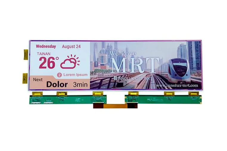 Bild: Großformatige 28“ E-Paper Bar Type Displays in Vollfarbe und Grautönen