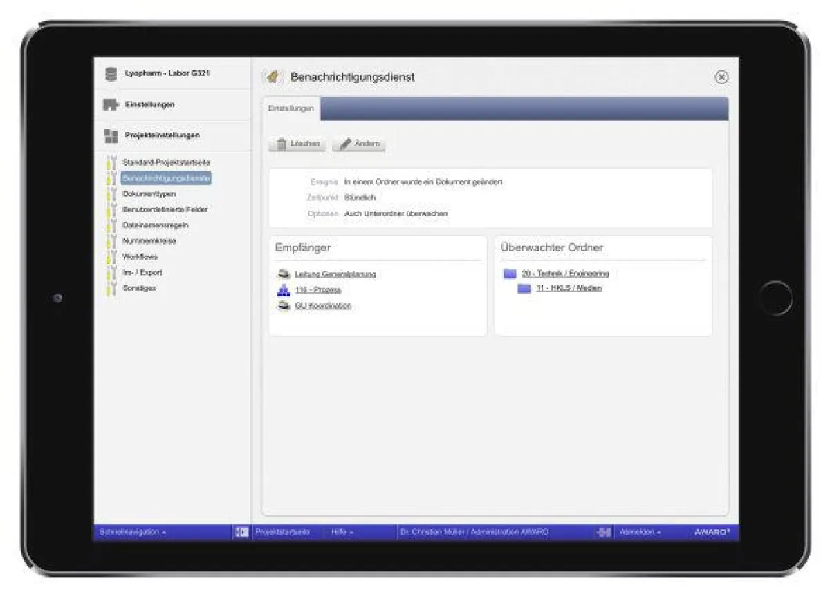 Benachrichtigungsdienst in AWARO